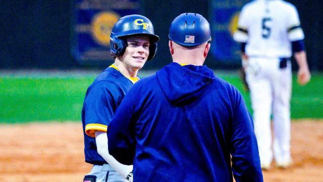 Mason Hughes of Cape Fear. No. 10 Lee County baseball rallied for 13 unanswered runs to defeat No. 19 Cape Fear 13-8 on March 4, 2024. (Photo: Evan Moesta/HighSchoolOT.com)
