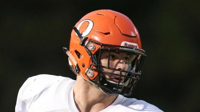 Payton Wilson (11) of Orange High School. Orange High School visits Southern Durham on Friday September 29, 2017. A very close game was decided by 1 point as Orange edged out Southern for the victory 16 - 15 (Chris Baird / HighSchoolOT.Com).