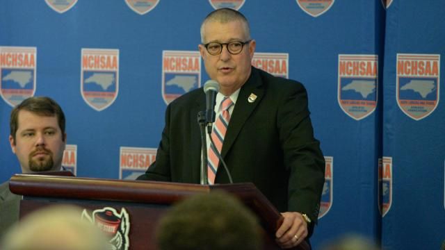 NCHSAA associate commissioner Mark Dreibelbis. All 16 teams participating in the N.C. High School Athletic Association football state championships gathered at Carter-Finley Stadium for the pre-state championship press conference on Wednesday, Dec. 12, 2018. (Photo By: Nick Stevens/HighSchoolOT.com)