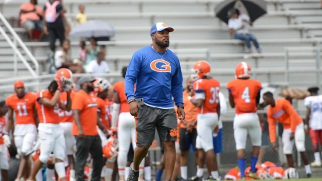 Glenn football coach Antwon Stevenson. Dudley hosted a five-team jamboree on the first day of scrimmages in North Carolina on Saturday, Aug 10, 2019. (Photo By: Nick Stevens/HighSchoolOT.com)