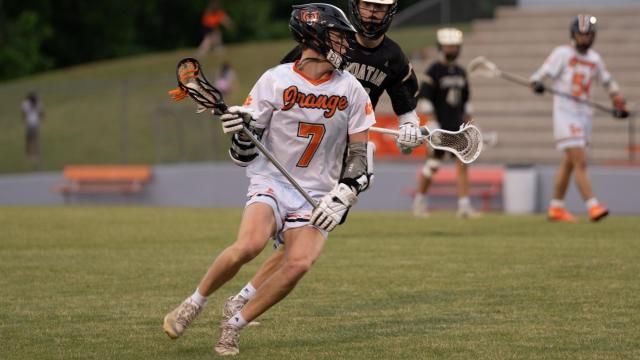Connor Kruse (7) of Orange. For the first time in program history, Orange’s boys lacrosse team will play for a state title after beating Croatan 14-9 in the NCHSAA 1A/2A/3A eastern regional championship on Monday, May 13, 2024. (Photo By: Nick Stevens/HighSchoolOT)