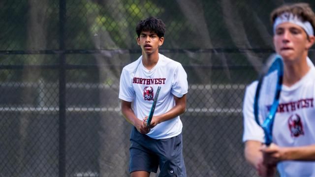 Northwest Guilford 4A doubles pair of Owen Vescio and Eshaan Dabadghav. Millbrook Exchange Park in Raleigh, NC hosted the 2023 NCHSAA 4A Boys Individual Tennis State Semifinals on Saturday May 13, 2023. (Photo: Evan Moesta/HighSchoolOT)