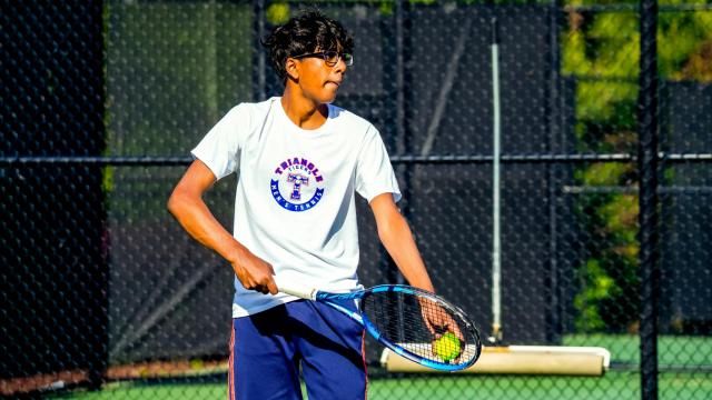 Prahalad Srinivasan and Cooper Fielding of Triangle Math & Science. Cary Tennis Park hosted the 1A Boys Tennis individual state championships on May 11, 2024. (Photo: Evan Moesta/HighSchoolOT.com)