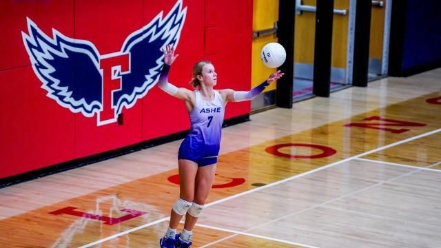 Lorali Overcash (7) of Ashe County. Ashe County swept Forbush in straight sets on September 9, 2024 (Photo: Evan Moesta/HighSchoolOT)