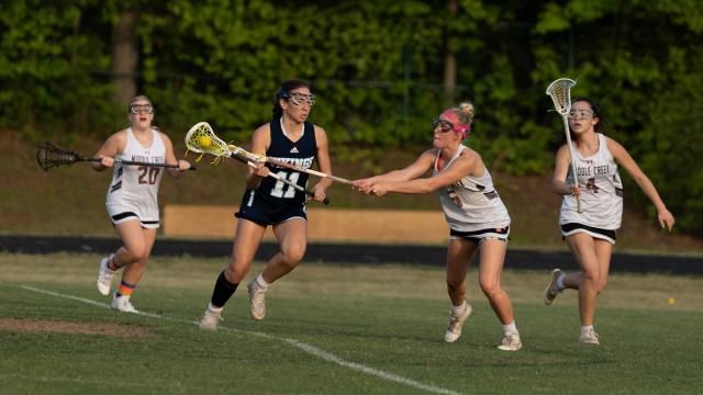 Ellie Powell (11) of Union Pines. The Union Pines girls lacrosse team defeated Middle Creek 20-14 to stay unbeaten on the season on Thursday, April 25, 2024. (Photo By: Nick Stevens/HighSchoolOT)